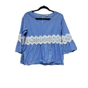 Eyeshadow‎ Women's Size Large Blouse Blue Strip Lace Bell Sleeve